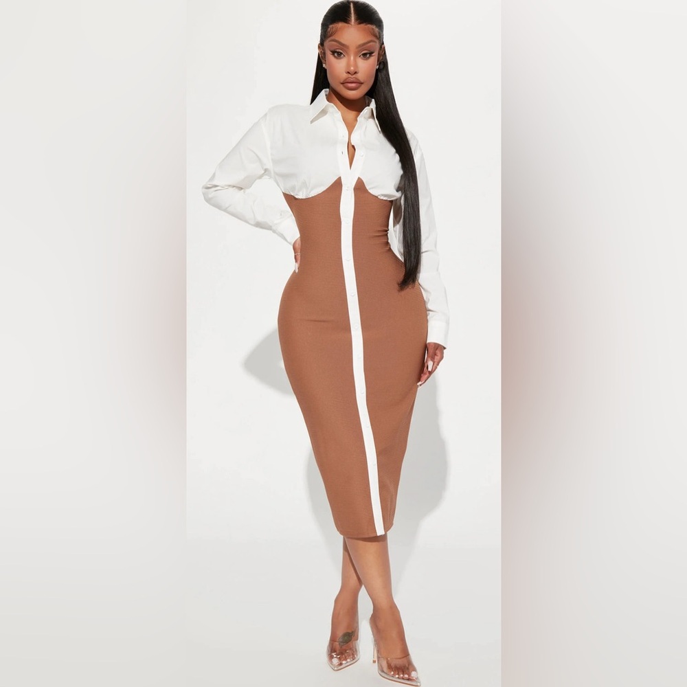 Let’s Get Serious Midi Shirt Dress - White/Combo Size Small Pre-Owned.